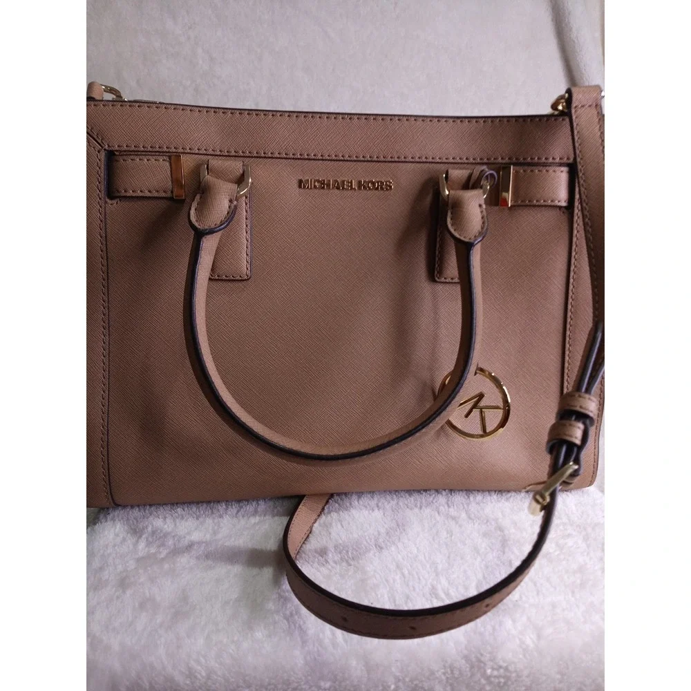 Michael Kors Dillon Saffiano Leather Satchel Crossbody Bag Tan Gold Hardware